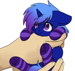 Size: 2224x2128 | Tagged: safe, artist:rokosmith26, oc, oc only, oc:polaris starshine, pony, unicorn, cheek fluff, clothes, commission, cute, female, filly, floppy ears, foal, hand, high res, holding, holding a pony, horn, in goliath's palm, looking up, mare, moderate dark skin, simple background, size difference, socks, solo, striped socks, transparent background, underhoof, ych result, younger