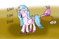 Size: 4200x2800 | Tagged: safe, artist:horsesplease, silverstream, oc, oc:bobby, hippogriffon, hybrid, g4, bawk bawk bawk, cake, clucking, derp, doodle, eating, female, food, interspecies offspring, mother and child, mother and daughter, nest, offspring, parent:gallus, parent:silverstream, parents:gallstream, silverstream the hen