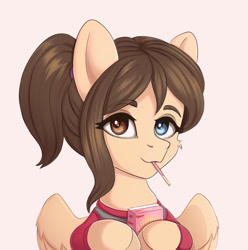 Size: 982x991 | Tagged: safe, artist:tanatos, oc, pegasus, pony, bust, food, heterochromia, looking at you, pegasus oc, pocky, ponytail, portrait, simple background