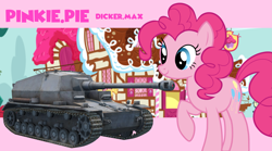 Size: 3485x1936 | Tagged: safe, artist:edy_january, edit, pinkie pie, earth pony, pony, g4, dicker max, pink background, simple background, sugarcube corner, tank (vehicle), vector used, vehicle, wallpaper, world of tanks, world of tanks blitz