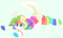 Size: 1200x722 | Tagged: safe, artist:higglytownhero, oc, oc only, oc:sunny showers, axolotl, earth pony, hybrid, pony, :p, bracelet, clothes, colored hooves, eye clipping through hair, female, flower, jewelry, lilypad, looking up, lying down, mare, multicolored hair, prone, rainbow hair, rainbow socks, scarf, simple background, socks, solo, sparkly mane, spots, striped socks, tongue out