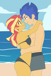 Size: 1512x2268 | Tagged: safe, artist:lirudraw, flash sentry, sunset shimmer, human, equestria girls, g4, bikini, breasts, clothes, female, male, reasonably sized breasts, ship:flashimmer, shipping, straight, swimming trunks, swimsuit