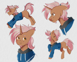 Size: 2474x2000 | Tagged: safe, artist:tobiasking, oc, oc only, oc:cinnamon roll, pony, unicorn, angry, clothes, freckles, high res, hoodie, male, poses, sad, solo, stretching