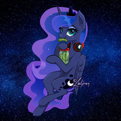 Size: 800x800 | Tagged: safe, artist:lailyren, princess luna, pony, g4, folded wings, food, galaxy, headphones, jar, pickle, pickle jar, solo, space, universe, wings