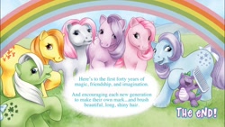 Size: 1334x750 | Tagged: safe, artist:amy mebberson, idw, blossom, blue belle, butterscotch (g1), cotton candy (g1), minty (g1), snuzzle, spike (g1), dragon, earth pony, pony, g1, my little pony 40th anniversary special, spoiler:comic, 40th anniversary, baby, baby dragon, blossomdorable, bluebellebetes, comb, cottondorable, cute, female, g1 adorascotch, g1 mintabetes, g1 spikabetes, group, male, mare, rainbow, snuzzlebetes