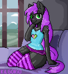 Size: 1280x1390 | Tagged: safe, artist:kilgorio, oc, oc only, oc:lucy violetmane, earth pony, anthro, anthro oc, aseprite, black fur, clothes, detailed background, earth pony oc, femboy, full body, green eyes, male, pixel art, purple hair, shorts, socks, solo, stallion, striped socks, thigh highs