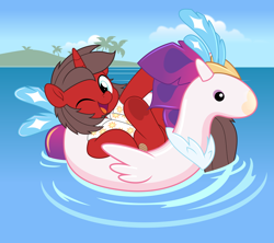 Size: 5627x5000 | Tagged: safe, artist:jhayarr23, queen novo, oc, oc:ironyoshi, pony, unicorn, g4, my little pony: the movie, clothes, commission, floating, floaty, inflatable, inflatable toy, looking at you, ocean, one eye closed, pool toy, shirt, solo, water, wink, winking at you, ych result