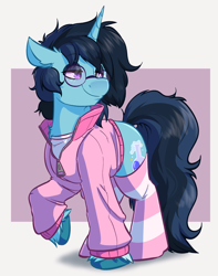 Size: 2216x2808 | Tagged: safe, artist:witchtaunter, oc, oc only, oc:cobalt catalyst, pony, unicorn, chest fluff, clothes, commission, ear fluff, glasses, high res, jacket, raised hoof, shirt, simple background, socks, solo, striped socks