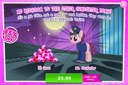 Size: 1962x1300 | Tagged: safe, gameloft, idw, midnight express, pony, unicorn, g4, my little pony: magic princess, official, advertisement, clothes, conductor, costs real money, english, female, gem, hat, horn, idw showified, introduction card, mare, mobile game, numbers, sale, shirt, solo, text