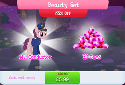 Size: 1266x860 | Tagged: safe, gameloft, idw, midnight express, pony, unicorn, g4, my little pony: magic princess, official, beauty set, bundle, clothes, costs real money, english, female, gem, hat, horn, idw showified, mare, mobile game, numbers, sale, shirt, solo, text