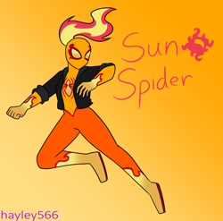 Size: 2448x2420 | Tagged: safe, artist:hayley566, sunset shimmer, human, g4, alternate hairstyle, boots, clothes, crossover, female, gloves, gradient background, high res, humanized, jacket, leather, leather jacket, marvel, shoes, solo, spider-man, spider-man: across the spider-verse, spider-sona, superhero