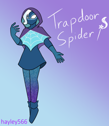 Size: 2272x2638 | Tagged: safe, artist:hayley566, trixie, human, g4, alternate hairstyle, boots, cloak, clothes, crossover, female, gloves, gradient background, high res, hood, humanized, marvel, shoes, skirt, solo, spider-man, spider-man: across the spider-verse, spider-sona, superhero