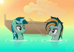 Size: 2500x1750 | Tagged: safe, artist:devfield, oc, oc only, oc:teal swing, oc:wavewind, earth pony, pegasus, pony, g4, boat, chest fluff, cloud, duo, duo male, high res, horizon, lens flare, lidded eyes, looking at each other, looking at someone, male, ocean, outdoors, partially submerged, ripples, rowboat, shading, shadow, show accurate, sky, smiling, smiling at each other, stallion, sunset, swimming, two toned mane, water, wood