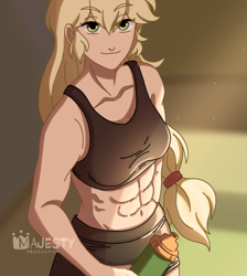 Size: 1573x1757 | Tagged: safe, artist:lovermvlf, artist:majestyph, applejack, human, equestria girls, g4, abs, applejacked, clothes, female, humanized, midriff, muscles, muscular female, solo, sports bra