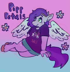 Size: 1913x1981 | Tagged: safe, artist:ruraldisco, pipp petals, pegasus, anthro, unguligrade anthro, g5, bracelet, chubby, clothes, ear piercing, female, gradient background, jewelry, necklace, piercing, shirt, shorts, smiling, solo, spread wings, t-shirt, unshorn fetlocks, wings
