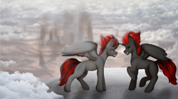 Size: 4500x2500 | Tagged: safe, artist:zarioly, oc, oc only, alicorn, pony, butt, city, cloud, duel, duo, duo male, fight, male, male alicorn, moon, plot, ruins