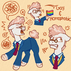 Size: 1280x1280 | Tagged: safe, artist:purrtal2, svengallop, earth pony, pony, g4, angry, clothes, cross-popping veins, emanata, eyes closed, gay pride flag, glasses, gritted teeth, male, necktie, open mouth, pride, pride flag, simple background, speech bubble, stallion, teeth, tongue out, yellow background