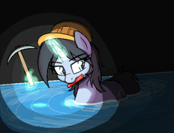 Size: 1060x808 | Tagged: safe, artist:seafooddinner, oc, oc only, pony, unicorn, cave, description is relevant, dynamite, explosives, helmet, mining helmet, mouth hold, pickaxe, solo, water
