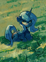 Size: 1620x2160 | Tagged: safe, artist:lendftcn, princess luna, alicorn, pony, g4, cute, eye clipping through hair, eyebrows, eyebrows visible through hair, female, folded wings, grass, horn, looking at you, lunabetes, lying down, mare, open mouth, outdoors, ponyloaf, prone, solo, three quarter view, wings