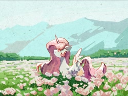 Size: 2160x1620 | Tagged: safe, artist:lendftcn, princess celestia, alicorn, pony, g4, female, flower, flower field, grass, looking up, mare, outdoors, pink-mane celestia, profile, smiling, solo, spread wings, wings