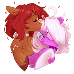 Size: 2000x2000 | Tagged: safe, artist:ariamidnighters, oc, oc only, oc:chocolate, oc:togo, bat pony, pegasus, pony, cuddling, duo, high res, jewelry, kissing, married couple, pegasus oc, ring, simple background, wedding ring, white background