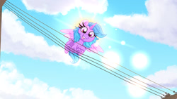 Size: 1280x720 | Tagged: safe, artist:lbrcloud, oc, oc only, alicorn, pony, alicorn oc, behaving like a bird, cloud, horn, looking at you, looking down, looking down at you, low angle, power line, sky, solo, sun, wings