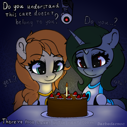 Size: 1000x1000 | Tagged: safe, artist:darbedarmoc, oc, oc:minerva, pony, cake, dialogue, eyes on the prize, food, glados, portal (valve), portal 2, the cake is a lie, video game