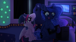 Size: 3840x2160 | Tagged: safe, artist:lbrcloud, princess luna, twilight sparkle, alicorn, pony, g4, anxious, commission, computer, duo, ethereal mane, female, graphics card, high res, indoors, mare, room, tongue out, twilight sparkle (alicorn)