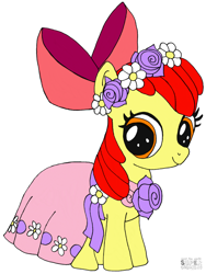 Size: 829x1100 | Tagged: safe, artist:playtimerogerhargreavesandbonniezacherlefan68, apple bloom, earth pony, pony, a canterlot wedding, g4, season 2, adorabloom, clothes, colored, coloring page, cute, dress, female, filly, floral head wreath, flower, flower filly, flower girl, flower girl dress, foal, simple background, solo, white background