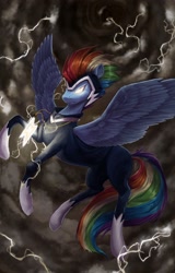 Size: 1442x2250 | Tagged: safe, artist:sylasthes, rainbow dash, zapp, pegasus, pony, g4, female, flying, glowing, glowing eyes, lightning, mare, power ponies, solo, spread wings, wings