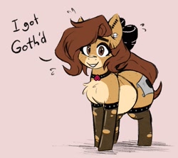 Size: 839x748 | Tagged: safe, artist:somefrigginnerd, oc, oc only, oc:pencil test, earth pony, pony, bow, chest fluff, choker, chubby, clothes, dialogue, ear piercing, earring, earth pony oc, female, freckles, goth, hair bow, jewelry, large butt, looking at you, mare, piercing, ripped stockings, simple background, smiling, smiling at you, stockings, thigh highs, torn clothes