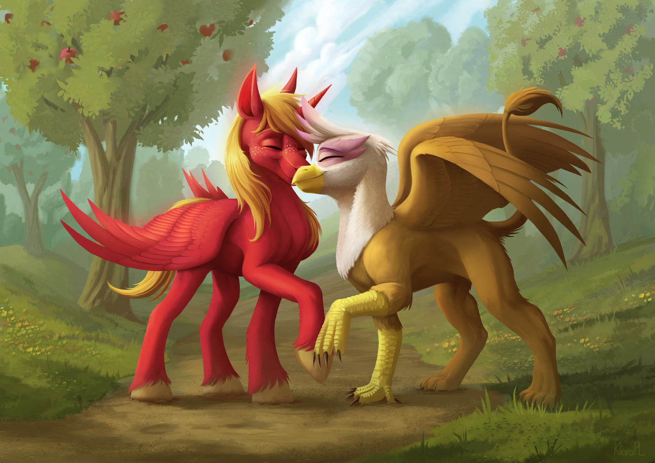[alicorn,apple,apple tree,big macintosh,commission,eyes closed,fanfic art,female,freckles,gilda,griffon,male,muscles,nuzzling,path,pony,race swap,raised hoof,safe,scenery,shipping,stallion,standing,straight,tree,wings,alicornified,princess big mac,gildamac,thin,concave belly,slim,artist:klarapl,smiling,spread wings,fanfic:it takes six]