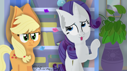 Size: 3840x2160 | Tagged: safe, artist:starry swirl, applejack, rarity, earth pony, pony, unicorn, g4, :3, applejack is not amused, big ears, book, dat face, duo, female, high res, mare, unamused
