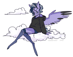 Size: 912x717 | Tagged: safe, artist:vautaryt, oc, oc only, pegasus, anthro, unguligrade anthro, clothes, cloud, female, hoodie, long legs, looking at you, no pupils, on a cloud, pegasus oc, shorts, simple background, sitting, sitting on a cloud, solo, spread wings, stockings, thigh highs, transparent background, wings