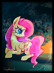 Size: 2048x2732 | Tagged: safe, artist:tuppkam1, fluttershy, pegasus, pony, g4, female, high res, lying down, mare, prone, signature, solo, tree, tree branch, turned head