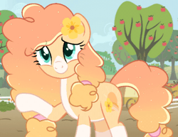 Size: 582x450 | Tagged: safe, artist:cstrawberrymilk, oc, oc only, oc:sunrise butter, pony, g4, animated, apple, apple tree, female, flower, flower in hair, gif, mare, not pear butter, show accurate, solo, tree