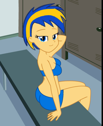 Size: 807x990 | Tagged: safe, artist:mlpfan3991, oc, oc only, oc:flare spark, human, equestria girls, g4, bench, bikini, bikini bottom, bikini top, clothes, cute, female, lockers, sitting, solo, swimsuit, tomboy