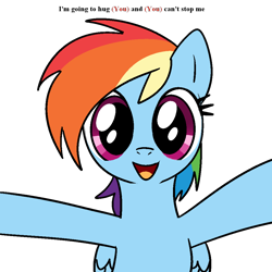 Size: 1000x1000 | Tagged: safe, rainbow dash, pegasus, pony, g4, arms in the air, bipedal, cute, dashabetes, dialogue, female, folded wings, hape, hooves in air, hug, implied hugging, looking at you, mare, open arms, open mouth, open smile, personal space invasion, pixelated, simple background, smiling, smiling at you, solo, talking, transparent background, wings