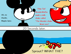 Size: 582x447 | Tagged: safe, artist:wonderwolf51, sprout cloverleaf, earth pony, mouse, pony, g5, comic, dead, death, grimace shake, mcdonald's, meme, mickey mouse, parody, suicidemouse.avi, the wonder shake, x eyes