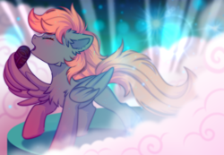 Size: 3612x2500 | Tagged: safe, oc, oc:darknightprincess, oc:scarlet moonlight, pegasus, pony, female, high res, red mane, singing, solo, stage, voice actor