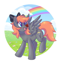 Size: 913x937 | Tagged: safe, artist:y2kitty, oc, oc only, oc:darknightprincess, oc:scarlet moonlight, butterfly, pegasus, pony, bow, butterfly on nose, commission, female, hair bow, insect on nose, mare, outdoors, rainbow, simple background, solo, white background, ych result