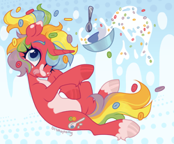 Size: 2301x1900 | Tagged: safe, artist:bishopony, oc, oc only, oc:frootloop, food pony, pony, unicorn, abstract background, artfight, blaze (coat marking), blue eyes, bowl, cereal, coat markings, colored belly, colored eartips, colored eyebrows, colored hooves, dynamic pose, ear markings, eyeshadow, facial freckles, facial markings, female, fetlock tuft, food, freckles, froot loops, fruit loops, gift art, high res, hooves, horn, in air, licking, licking lips, looking at you, makeup, mare, milk, mismatched hooves, multicolored hair, multicolored hooves, multicolored mane, multicolored tail, one eye closed, pale belly, ponified, ponytail, raised hoof, red coat, red eyeshadow, shiny hooves, signature, smiling, smiling at you, snip (coat marking), socks (coat markings), solo, sparkly eyes, spoon, tail, tied mane, tongue out, unicorn horn, wall of tags, wingding eyes, wink