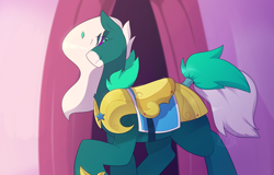 Size: 3000x1920 | Tagged: safe, artist:2k.bugbytes, oc, oc only, oc:vitæ, pony, unicorn, armor, curtains, facial markings, looking at you, male, markings, raised hoof, raised leg, royal guard, smiling, solo, stallion