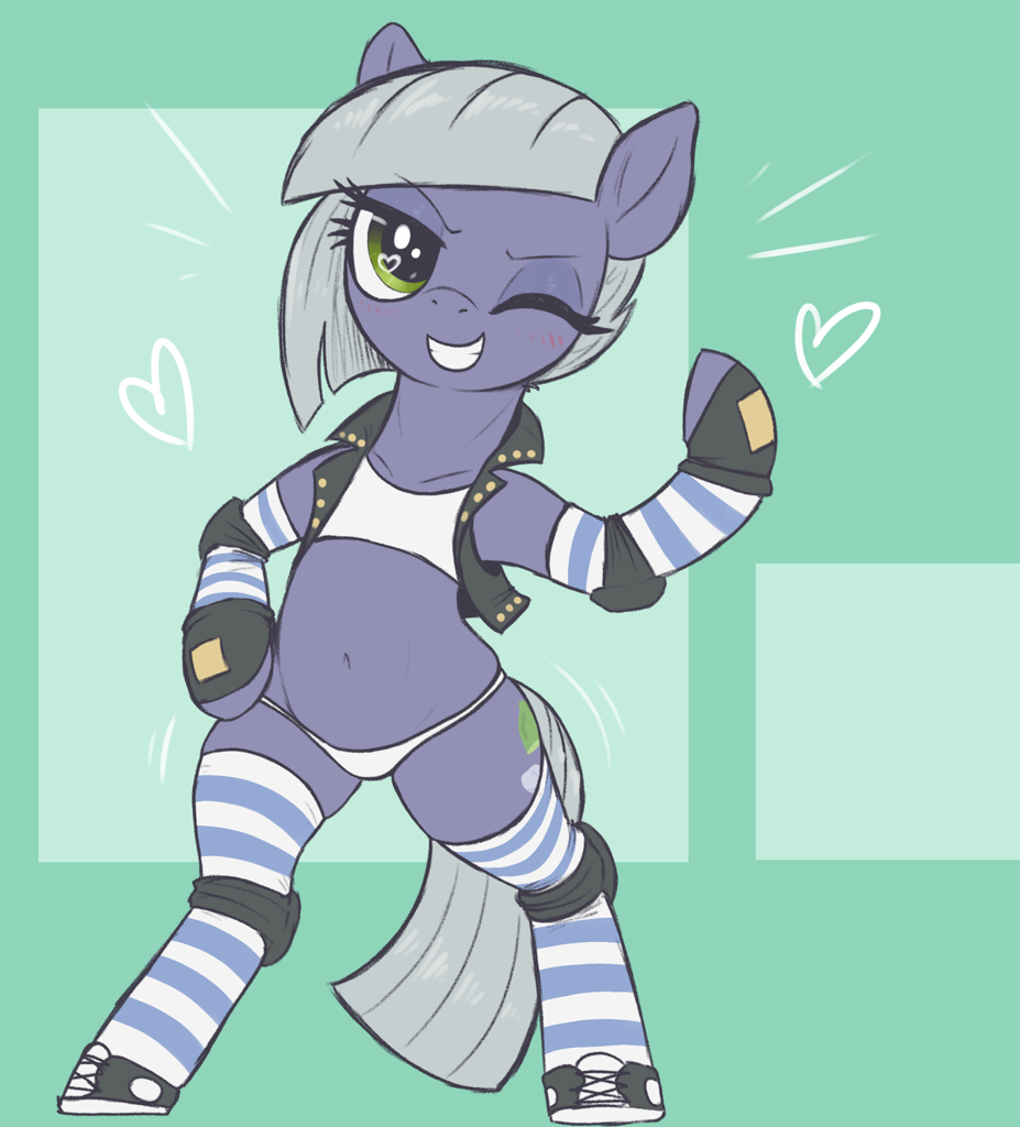 [bipedal,blushing,clothes,earth pony,female,grin,mare,outfit,panties,pony,safe,shoes,simple background,socks,solo,underwear,vest,wink,flexing,converse,one eye closed,limestone pie,striped socks,knee pads,smiling,artist:t72b,hoof on hip]