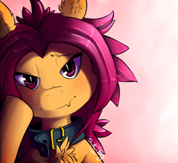 Size: 600x550 | Tagged: safe, artist:serendipity-kitty, scootaloo, pegasus, pony, g4, chest fluff, collar, female, gradient background, hoof on cheek, lesboloo, lidded eyes, looking at you, signature, smiling, solo