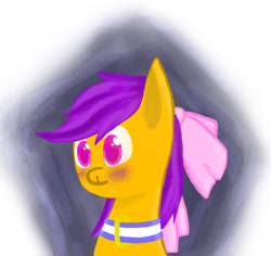 Size: 1280x1206 | Tagged: safe, artist:kari-999, scootaloo, pegasus, pony, g4, abstract background, blood, blushing, bow, collar, female, hair bow, lesboloo, looking offscreen, nosebleed, solo