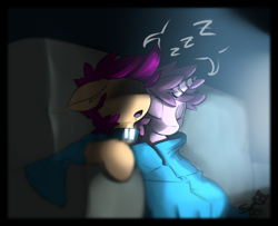 Size: 1280x1038 | Tagged: safe, ruby pinch, scootaloo, pegasus, pony, unicorn, g4, abstract background, bed, collar, drool, duo, female, holiday, indoors, lesbian, lesboloo, onomatopoeia, pillow, scootapinch, shipping, sleeping, sound effects, valentine's day, zzz