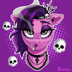 Size: 1974x1988 | Tagged: safe, artist:zendora, pipp petals, pegasus, pony, g5, alternate hairstyle, bust, cigarette, cross, cross necklace, ear piercing, eyebrow piercing, goth pipp, jewelry, lidded eyes, necklace, piercing, skull, smoking, solo