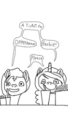 Size: 640x1136 | Tagged: safe, artist:php149, izzy moonbow, sunny starscout, earth pony, pony, unicorn, g5, barbenheimer, barbie, barbie (film), cinema, food, monochrome, oppenheimer, popcorn