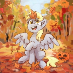 Size: 1418x1418 | Tagged: safe, artist:aanotherpony, derpy hooves, pegasus, pony, g4, autumn, commission, cute, derp, derpabetes, female, forest, halloween, holiday, jack-o-lantern, leaves, mare, open mouth, open smile, pumpkin, scenery, signature, sitting, smiling, solo, spread wings, wings